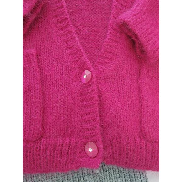 NWT Vintage 80s Cropped Mohair Fuchsia Pink Sweater Cardigan Shoulder pads S M - Picture 6 of 6